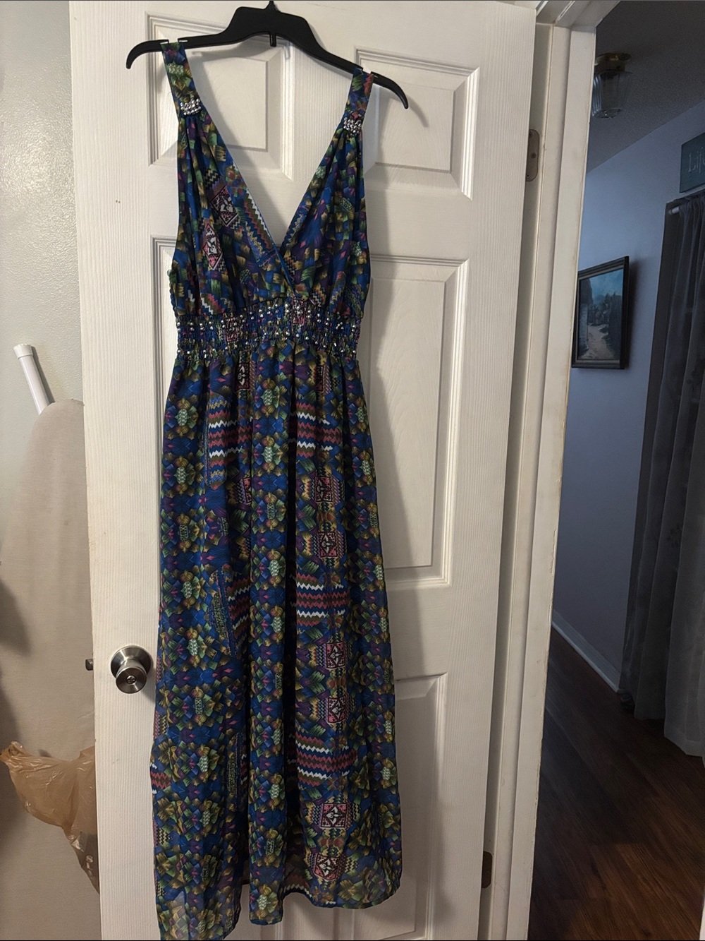 V-Neck Blue Patterned Smocked Waist Maxi Dress